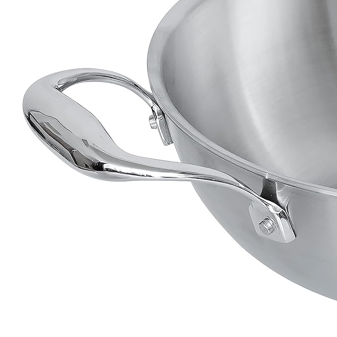 Femora Induction Safe, Stain Resistant, Zero Coating Stainless Steel Tri-ply Deep Frying Kadhai Pan | 26 Cm Capacity 3.2 Litres | Silver