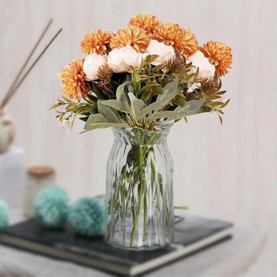 Bunch Artificial Dahlia Peony Flowers Sticks Orange