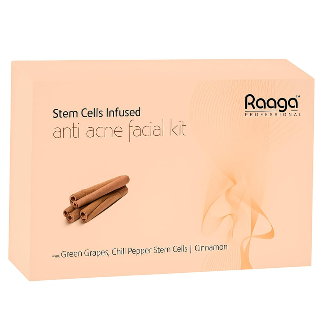 Raaga Professional Stem Cells Infused Anti Acne Facial Kit | Cinnamon, Green Grapes, Chilli Pepper Stem Cells | 6 Step Facial Kit for All Skin Types (61 gm)