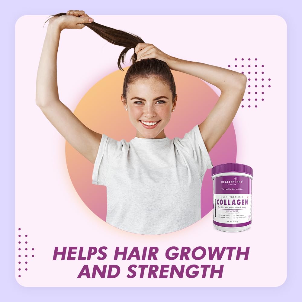 HealthyHey Nutrition Collagen Powder | Collagen Supplement for Glowing Skin | Pure Hydrolysed Collagen Powder for Women and Men | Unflavoured - 250 gm