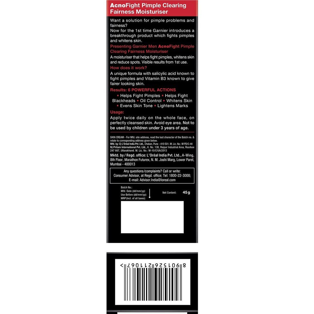 Garnier Men Acno Fight Pimple Clearing Brightening Cream Moisturizer, 45G