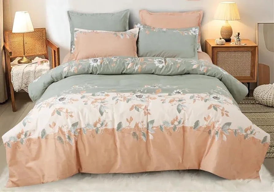 The Home Style 400 TC Cotton Elastic Fitted All Around Printed King Size Double Bed Bedsheet wih 2 Pillow Cover Peach Puff