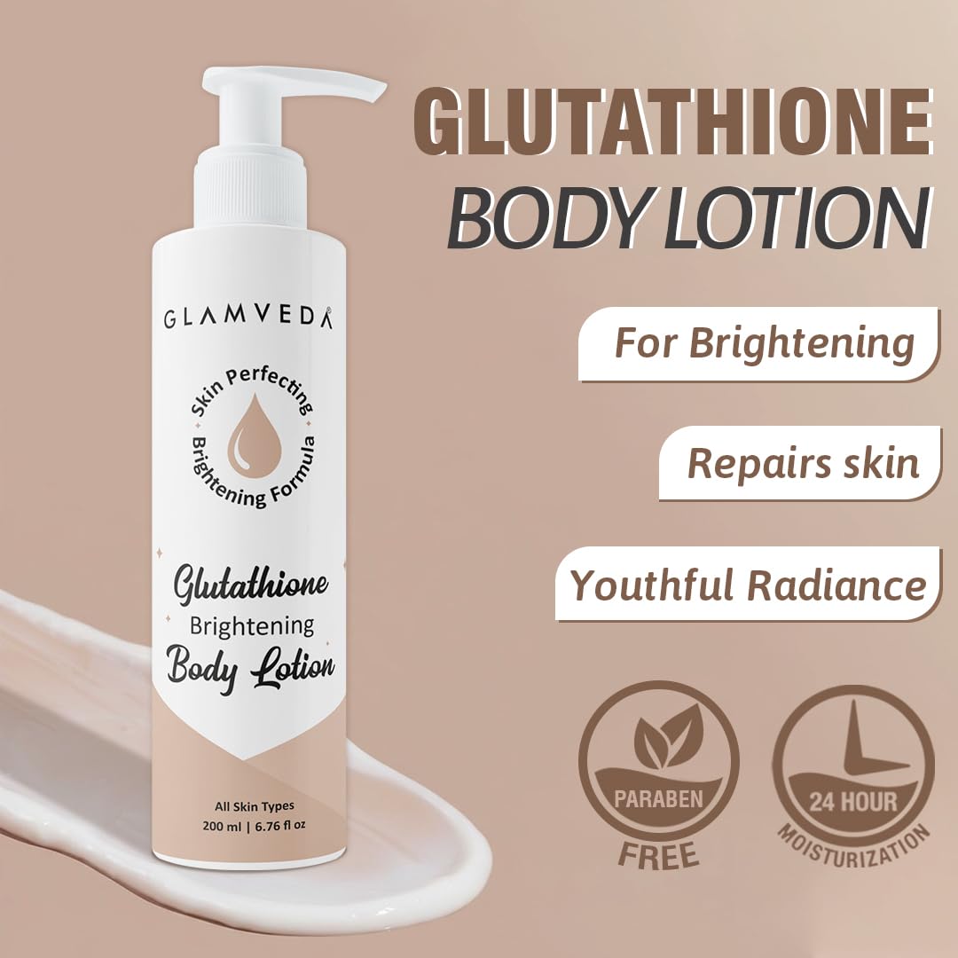 Glamveda Glutathione Body Lotion Moisturizer 200ml | 24hr Deep Moisturization for Dry Skin | Skin Brightening | Non Greasy, Lightweight Hydrating Moisture for Glowing, Repairs & Softens Skin | All Skin Type