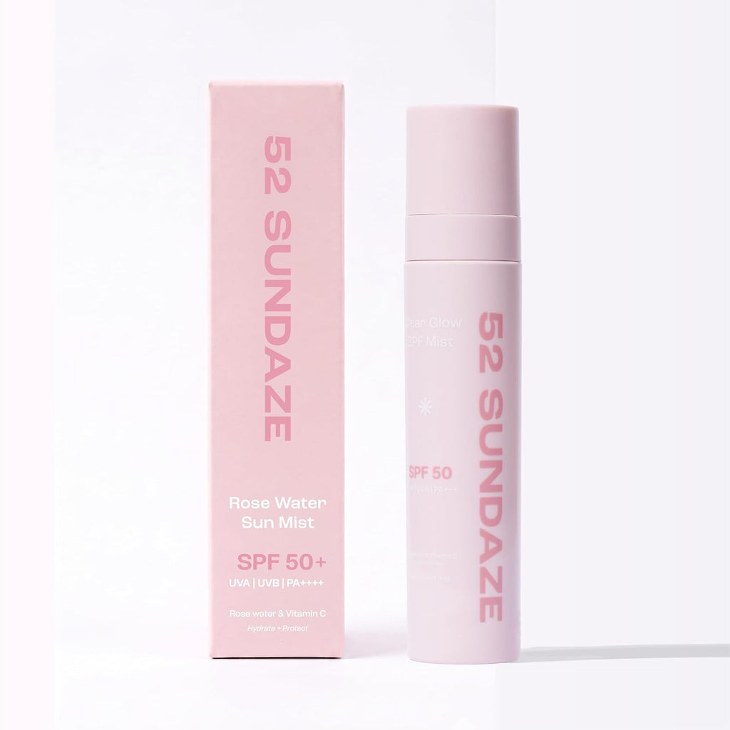 52 Sundaze SPF50 Rosewater Sunscreen Mist For Face | SPF 50+ PA++++ Sunscreen Spray | Invisible Ultralight Sun Screen | Clear Glow Rose Sun Mist | UVA/B Broad Spectrum | Oily & Dry Skin | No White Cast | Easy Reapplication | Men & Women | 100 ml