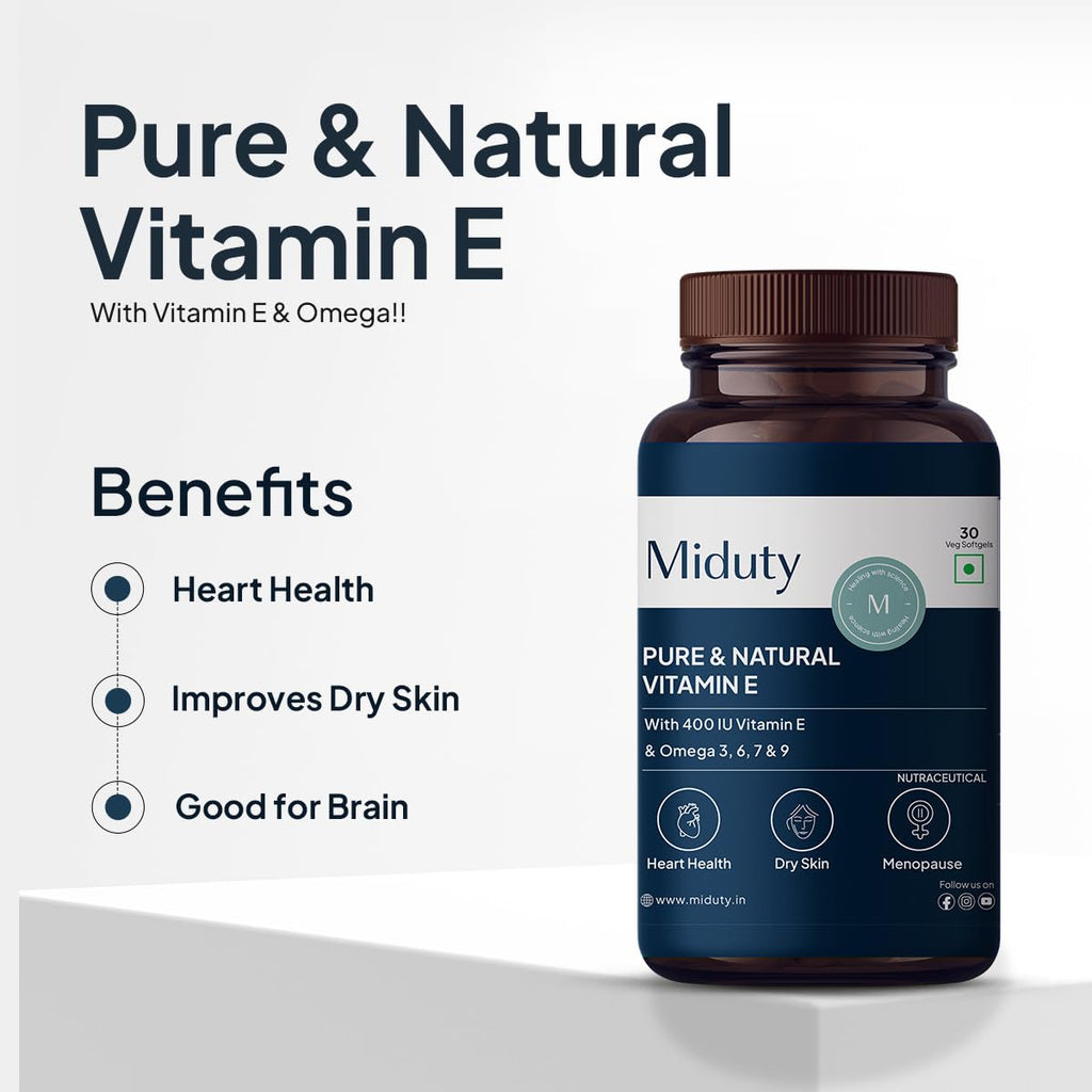 Miduty by Palak Notes Pure Natural Vitamin E Capsules, Enhanced with Omega-3-6 - 7-9 - Sea Buckthorn Berry Oil - Boosts Immunity - Balance cholesterol - Better Heart health - 30 Softgel