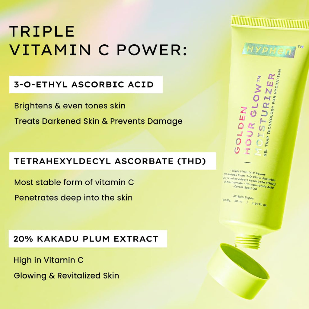 Hyphen Brightening Face Moisturizer with THD- 20% Kakadu Plum, Highly Stable Vitamin C| 3% Niacinamide- Dark Spots & Pigmentation | Lightweight Gel Cream Moisturizer for Dry, Oily, All Skin Type -50ml