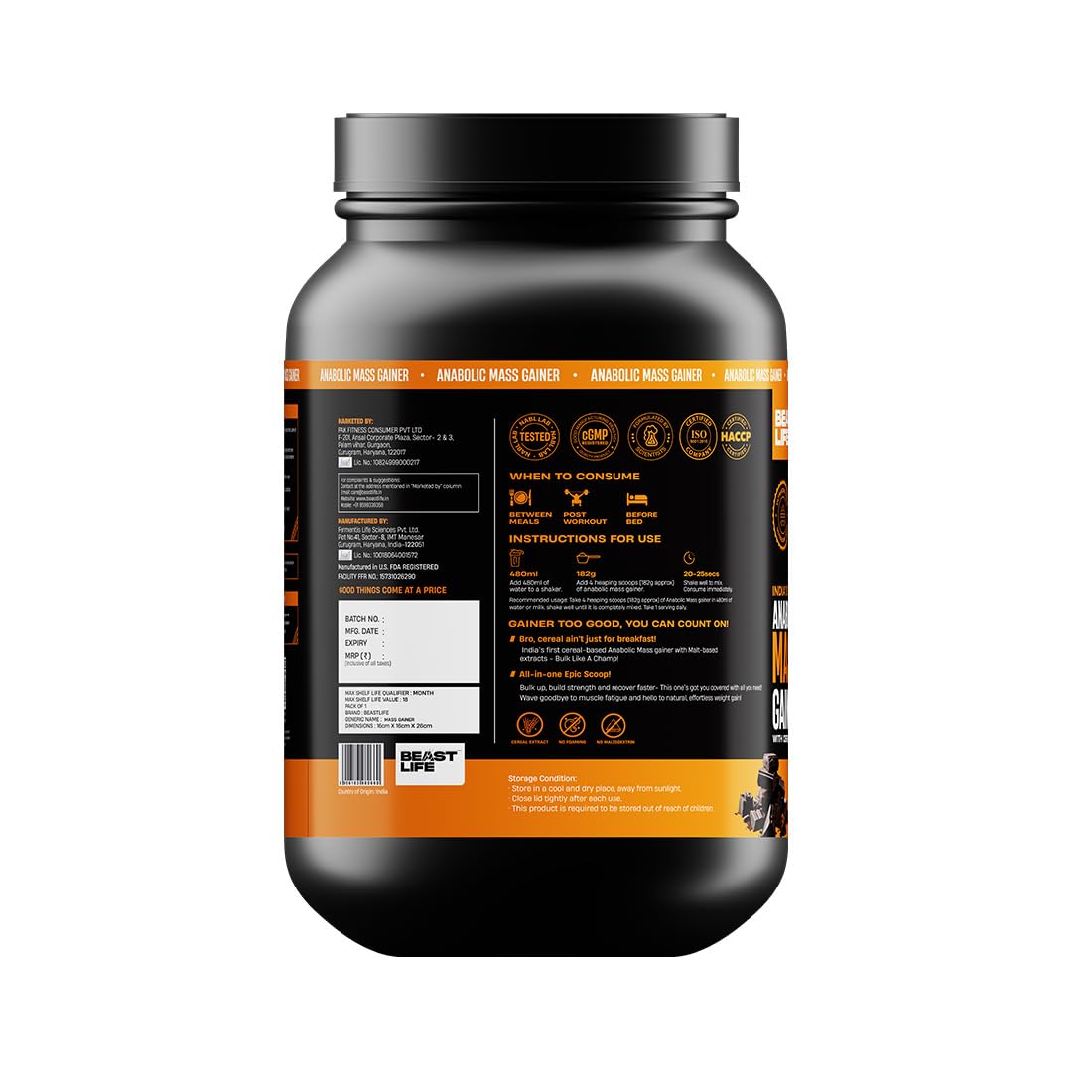 Beast Life High Protein Mass/Weight Gainer | 1 KG | Belgian Chocolate with Free Shaker | NABL LAB Tested | For Muscle Gain & Fast Growth | Cereal-Based Formula, No Maltodextrin | India's #1 Cereal Based Bulk Gainer