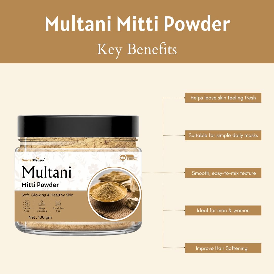 Smartdrops Multani Mitti Powder for Face | MultaniMitti Powder | face Multani Mitti Powder | Multani - Mitti powder for FacePack | Smoothening Face, Skin and Hair - 100g (Pack 1)