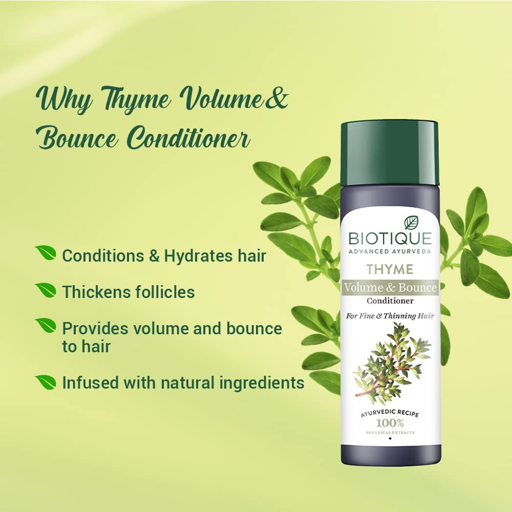 Biotique Bio Thyme Volume Conditioner Fine & Thinning Hair|Gives Volume & Bounce To Hair|Helps In Thicken Follicles|100% Botanical Extracts|Suitable All Skin Types|200 Millilitre-Peppermint,Thyme