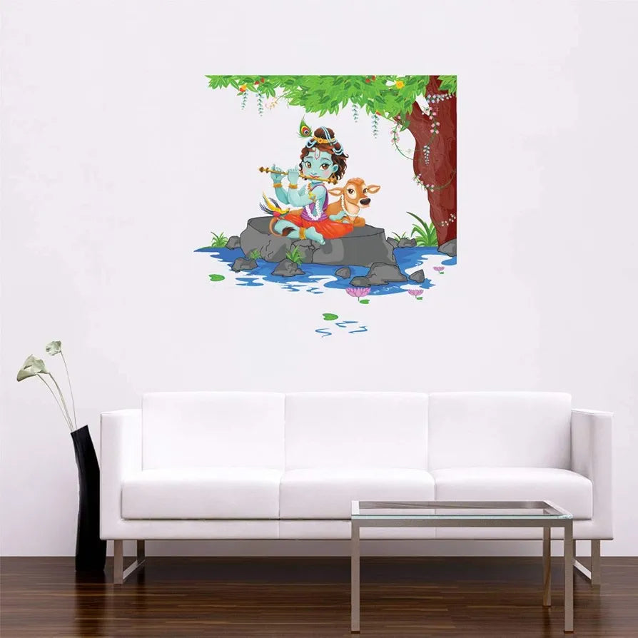 Rawpockets Wall Decals Lord Krishna Playing Flute Wall Stickers PVC Vinyl Multicolour -Self-Adhesive