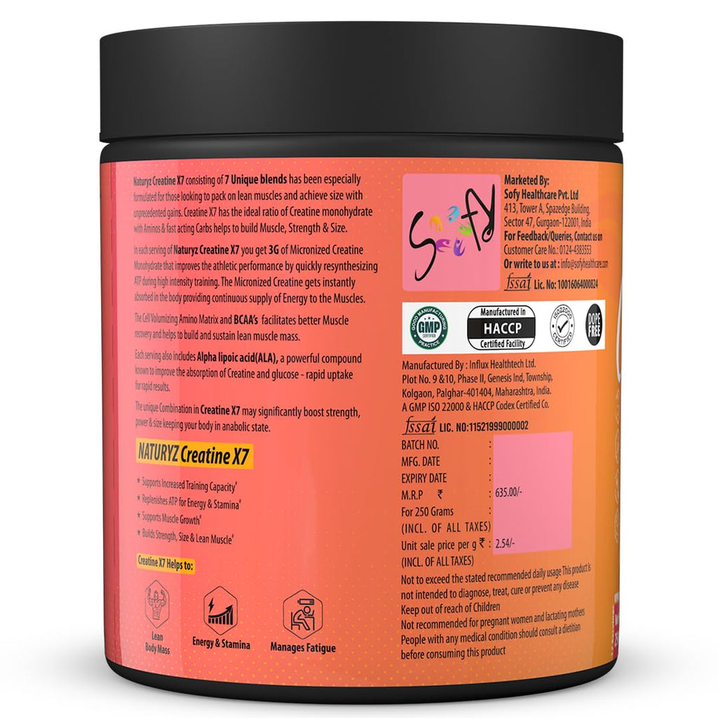 NATURYZ Creatine X7 Pure Micronized Creatine Monohydrate Post Workout drink | Rapid Absorption with Aminos | BCAA | ATP Transport Matrix | Muscle Growth & Strength | Power of 7 Blends | Muscle Builder- 250g(MixFruit Cocktail)