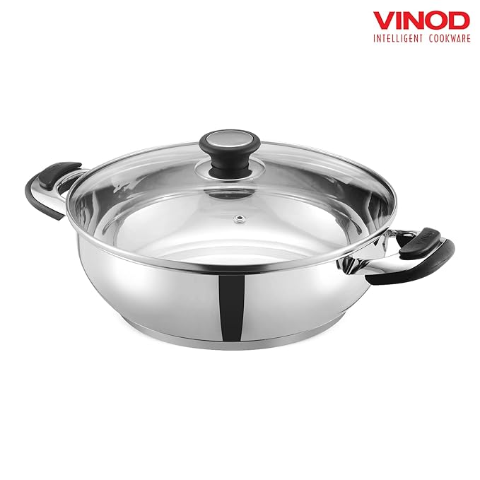 Vinod Durban Stainless Steel Kadhai with Glass Lid 1.7 Litre (20 cm) | 6.2mm Thick | Kadhai for Deep Frying