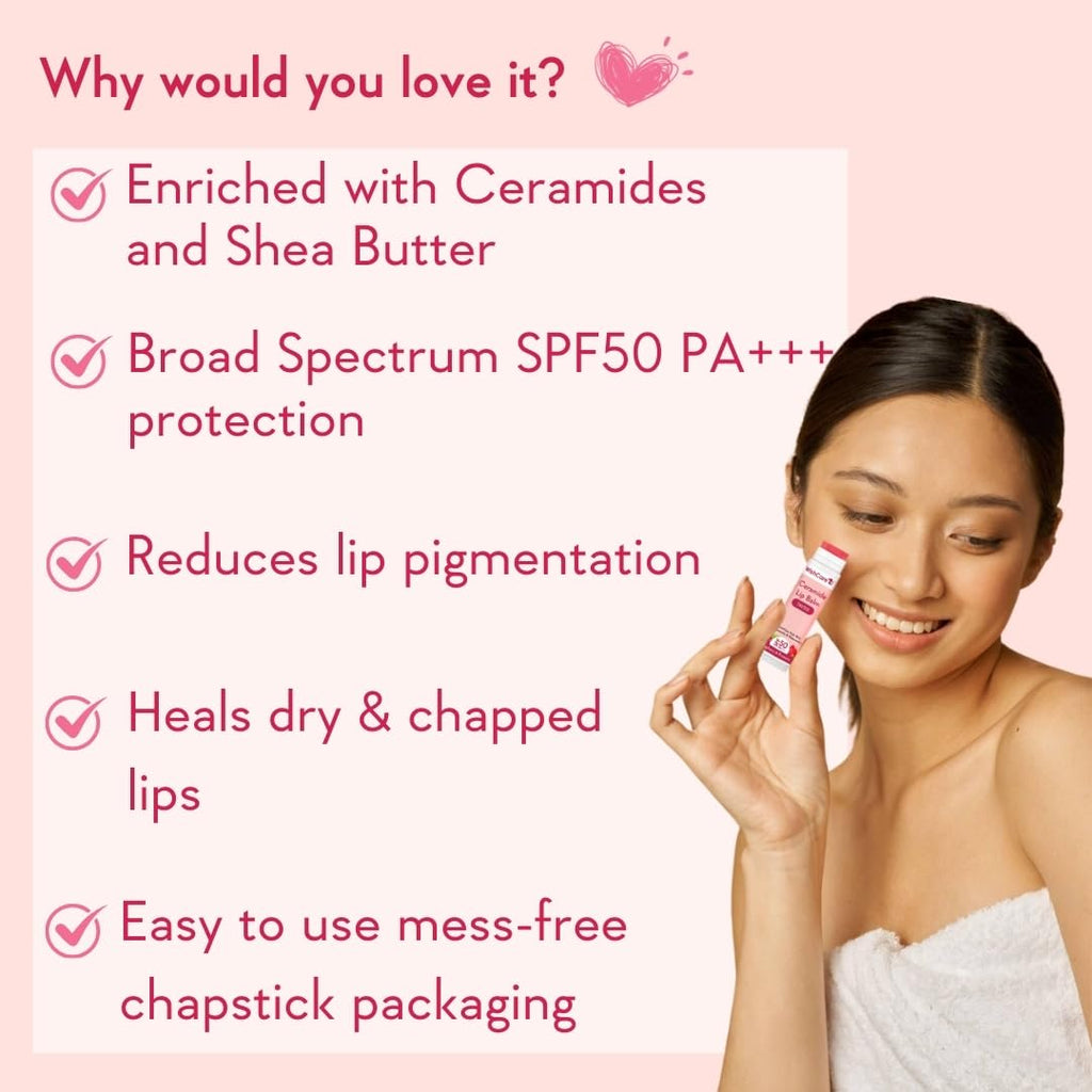 WishCare Tinted Ceramide Lip Balm with SPF50 PA+++ - Kojic Acid & Niacinamide - For Lip Lightening & Protection 5gm