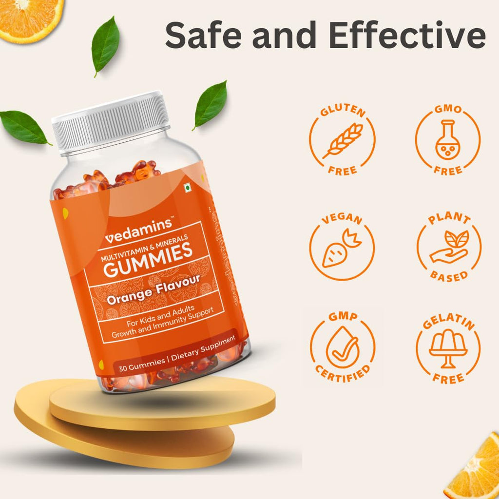 Vedamins Multivitamin Gummies for Men Women & Kids I Immunity, Increased Energy & Metabolism – 30 Gummies | Orange Flavour