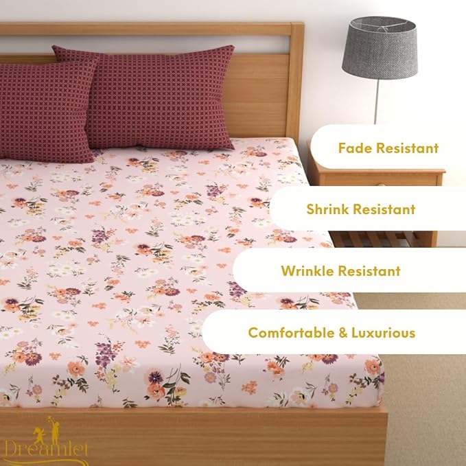 Dreamlet All Around Elastic Supersoft 210tc Premium Cotton Elastic Fitted Bedsheets With 2 King Size Pillow Covers | Pink