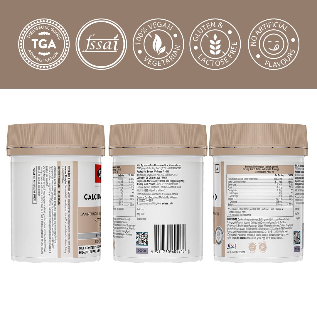 Swisse Calcium + Vitamin D - Supports Stronger Bones, Immunity & Muscle Health, Manufactured In Australia - Pack of 90 Tablets (1 Tablet Per Serving)