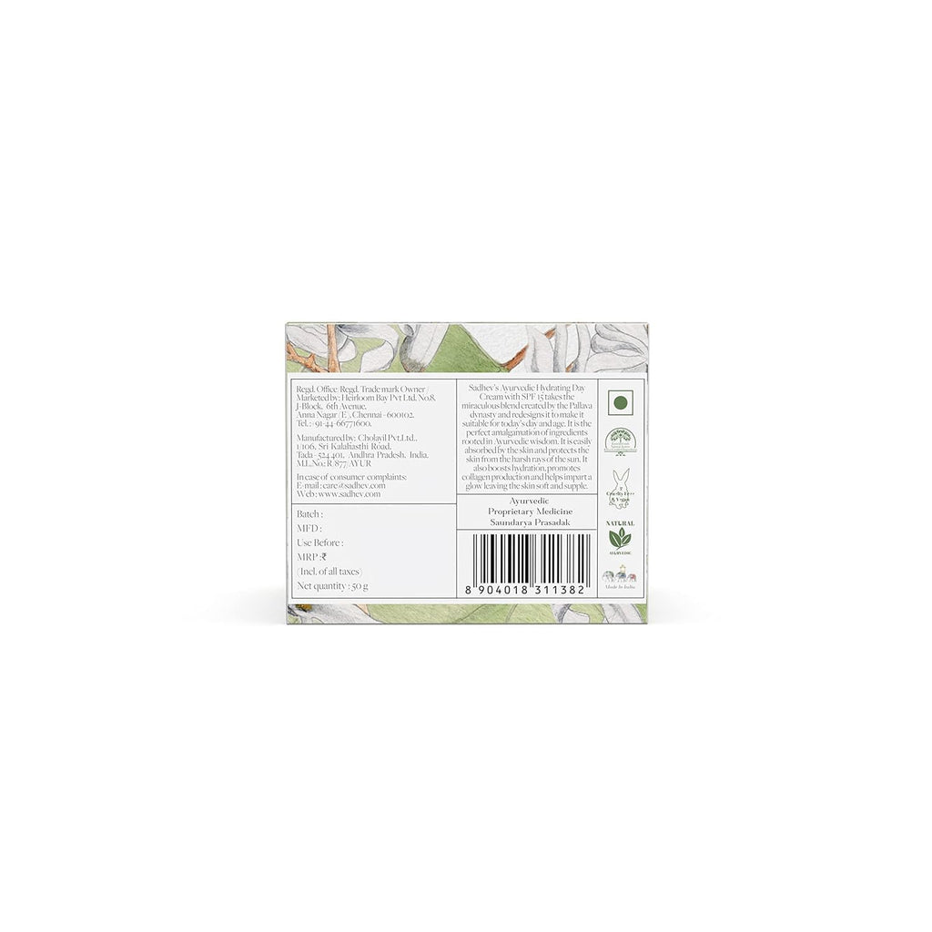 Sadhev Ayurvedic Hydrating Day Cream SPF 15 with Goodness of Tanaka, Ashwagandha & Moringa Seed Oil - 50gm (Pack of 1)_GWP