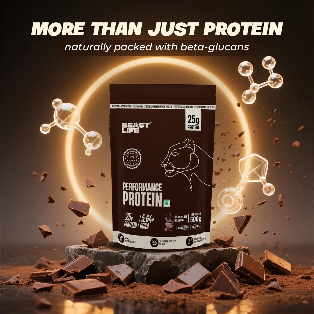 BeastLife Performance Yeast Protein Powder | 25g Protein | Chocolate |NABL Lab Certified | High Absorption for Muscle Growth |Smooth & Light, Easy to Digest with Ultrasorb Tech|5.64g BCAA | Best For Gut | Beta Glucan | Improves Immune Function | 500g