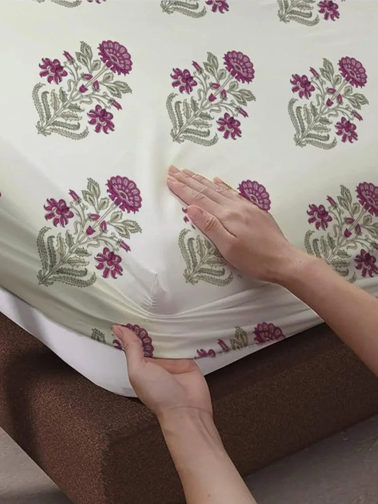 Trance Home Linen 180Tc 100% Cotton 78"X72" Standard King Size Elastic Fitted Bedsheet Printed King Bed Size With 2 Pillow Covers 180 TC Aangan Colour Pink