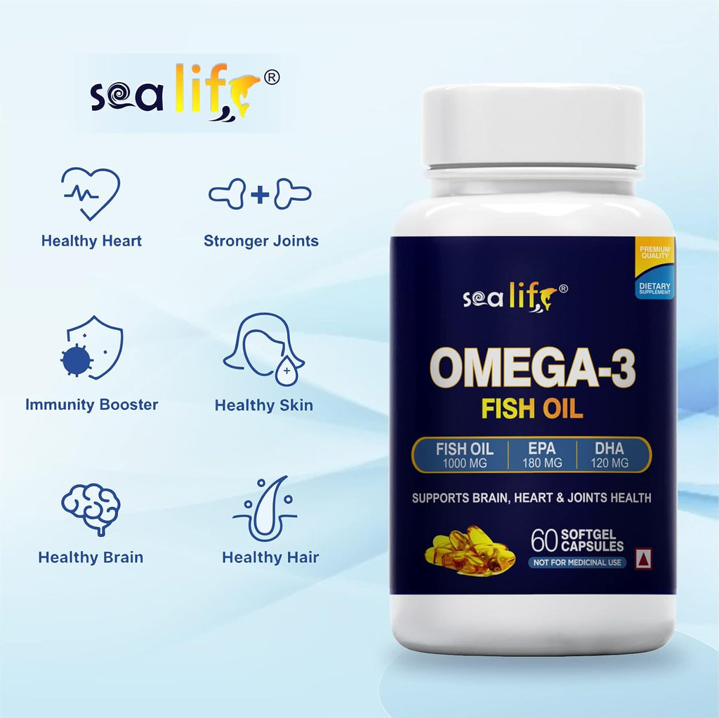 Sea Life Omega 3 Fish Oil 1000 Mg Fatty Acid Capsules | 180 Mg EPA & 120 Mg DHA | Pack of 1 (60 Softgels Capsules)| Supports Healthy Heart, Joints, Skin, Brain & Eyes | For Men & Women