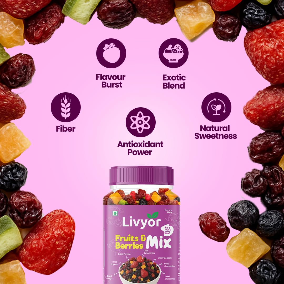 Livyor 7 in 1 Dried Fruits and Berry Mix for eating | Good Source of Fibre | Dried Cranberries | Pineapple | Pamelo | Papaya | Blueberries | Strawberries | Mango | Fruits & Berry Blast | Berries dry fruits | Berries fresh | Pack of 1