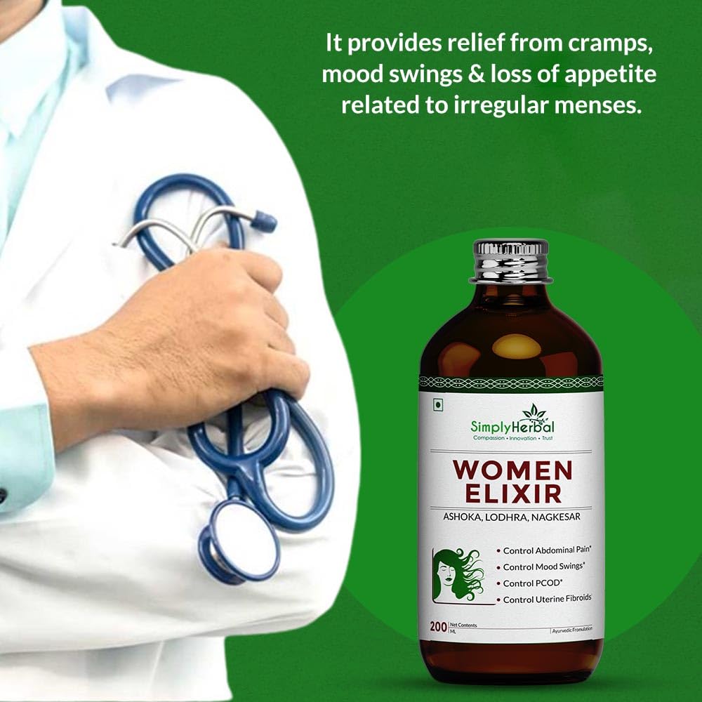 Simply Herbal Super Women Elixir for Women's Menstrual Health, Reflief in PCOD & PCOS, Controls Mood Swing, Abdominal Cramps (Pack of 1-450 Ml Each)