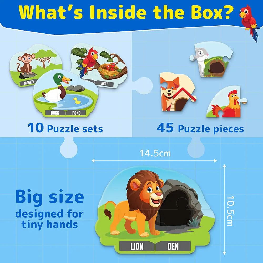 Funtad Kids Puzzleup Learn Animal Homes,10-In-1 Entry Level Puzzle 45 Big Size Jigsaw Pieces Montessori Educational Toy For Boys & Girls Age 3,4 & 5 Yrs