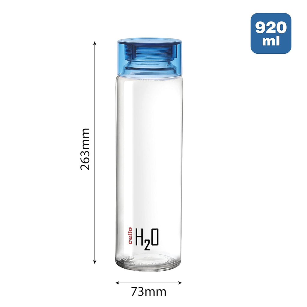 Cello H2o Glass Fridge Water Bottle With Plastic Cap | 920 ml | Set of 6 | Blue