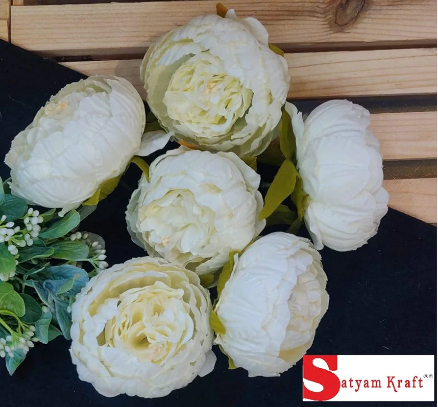 6 Pcs Artificial Fabric Rose Flower Heads Handmade Peony Style Flowers White