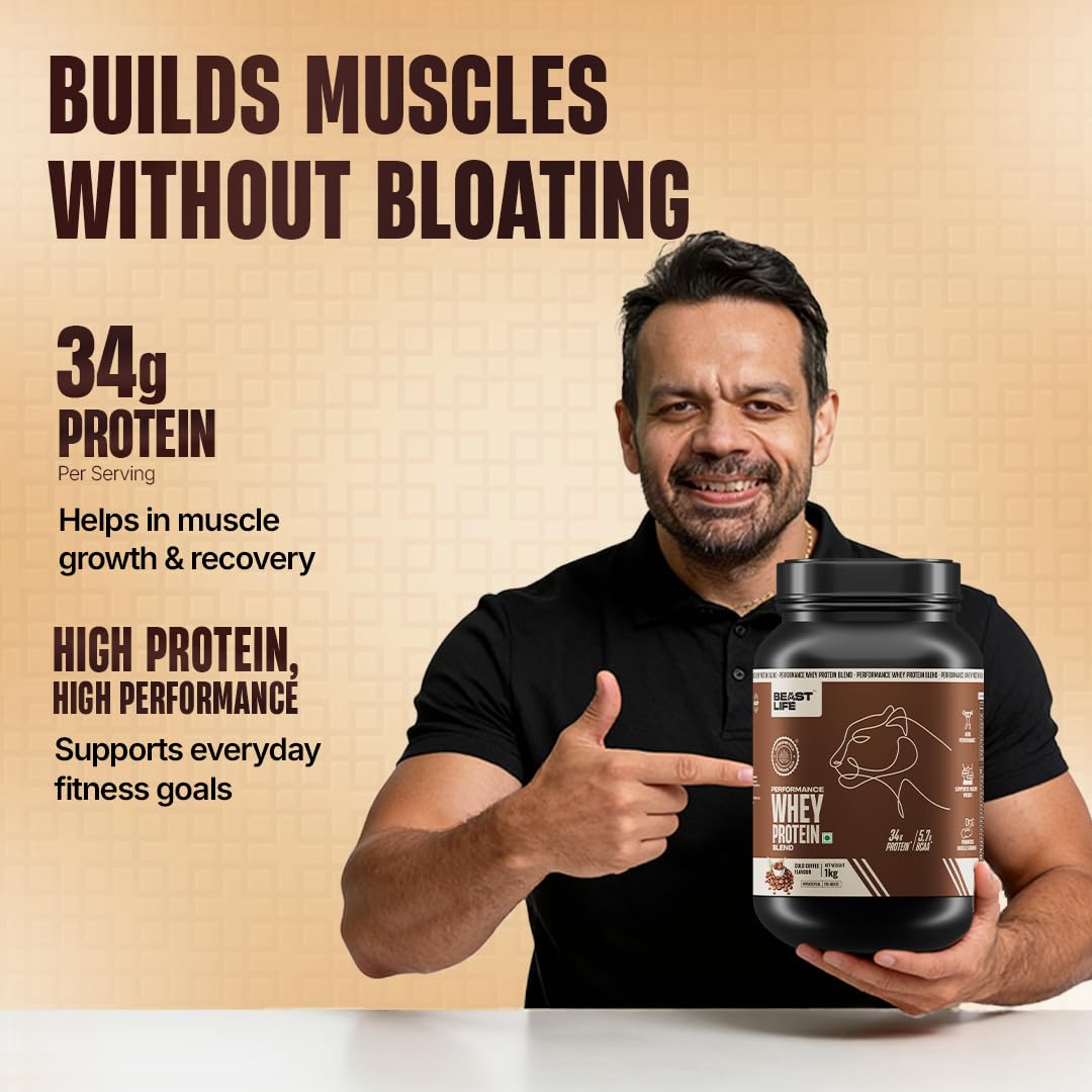 BeastLife Performance Whey Protein Blend | 34g Protein | 5.7g BCAA | 1Kg | Cold Coffee | Muscle Growth & Recovery | Easy to Digest with Ultrasorb Tech | Smooth & Easy to Mix | Contains Whey Protein Concentrate & Yeast Protein