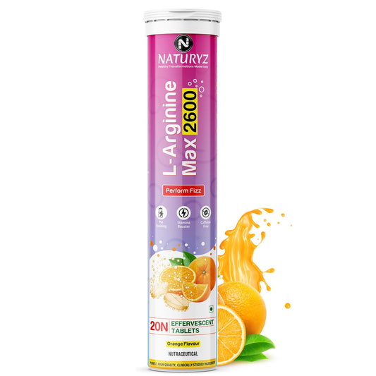 Naturyz L-Arginine Max 2600 Effervescent Tablets | Boosts Stamina | Increases Blood Flow | Improves Performance | Pre-workout Supplement 20 capsules (Orange Flavour), 1 count