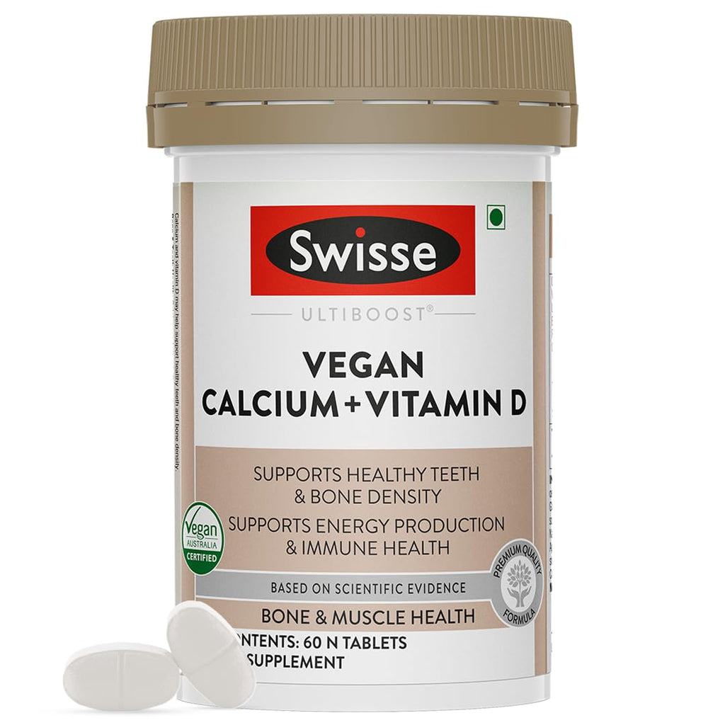 Swisse Vegan Calcium + Vitamin D3 for Stronger Bones, Teeth, Muscles & Immunity - 60 Tablets (Manufactured In Australia, Vegan Source Calcium Supplement For Higher Absorption)