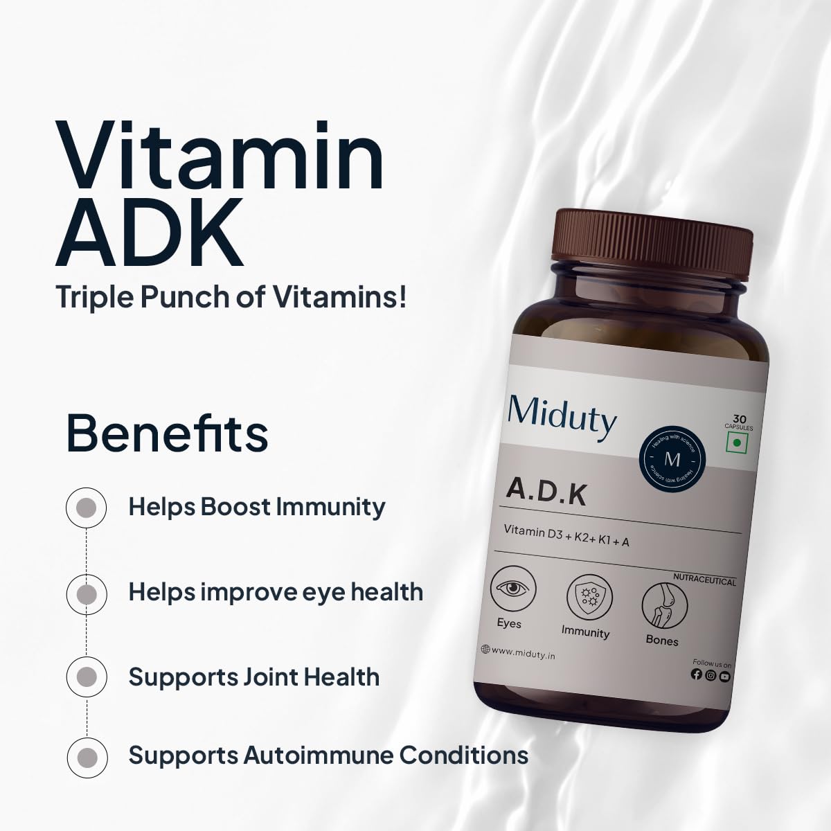 Miduty Vitamin ADK Multivitamin Contains Vitamin A - D3 - K1 - K2 Immunity Booster, Bone Strength, Healthy Heart Vitamin ADK Supplement For Men and Women - 30 Capsules