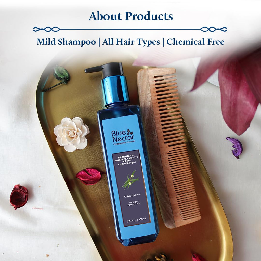 Blue Nectar Anti Hair Fall Shampoo with Amla, Honey and Mulethi, Paraben and Sulfate Free Shampoo for Women and Men (10 Herbs, 200 ml)