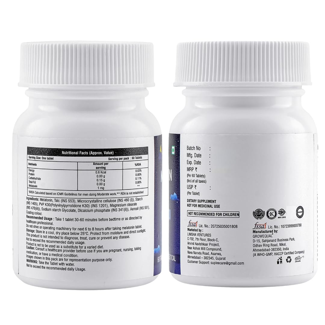 Suplee Melatonin 1 mg (60 Tablets) | For Deep Sleep Support | Non-Habit Forming | Helps Regulate Sleep-Wake Cycle