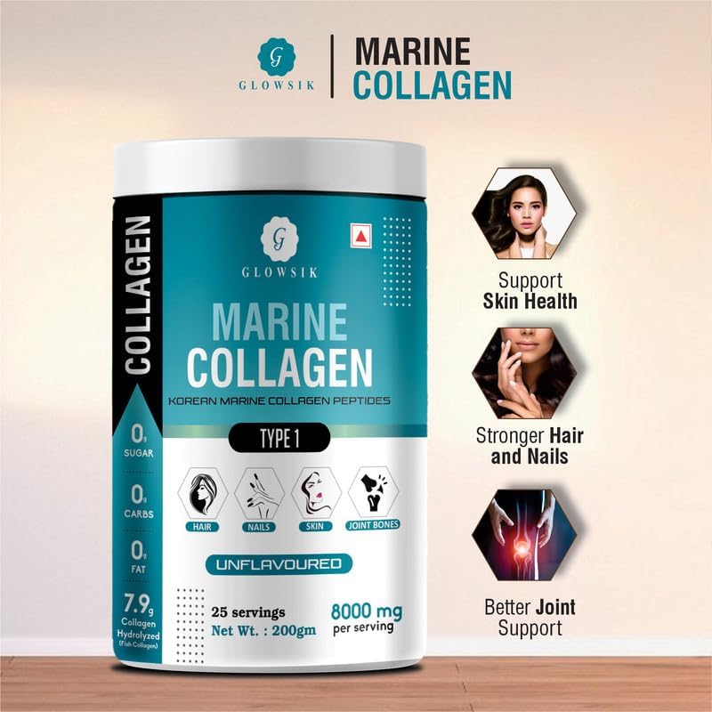 Glowsik Korean Marine Collagen Powder | Marine Collagen Supplements for Women and Men - 200 Gms | Pack of 2 | Unflavoured