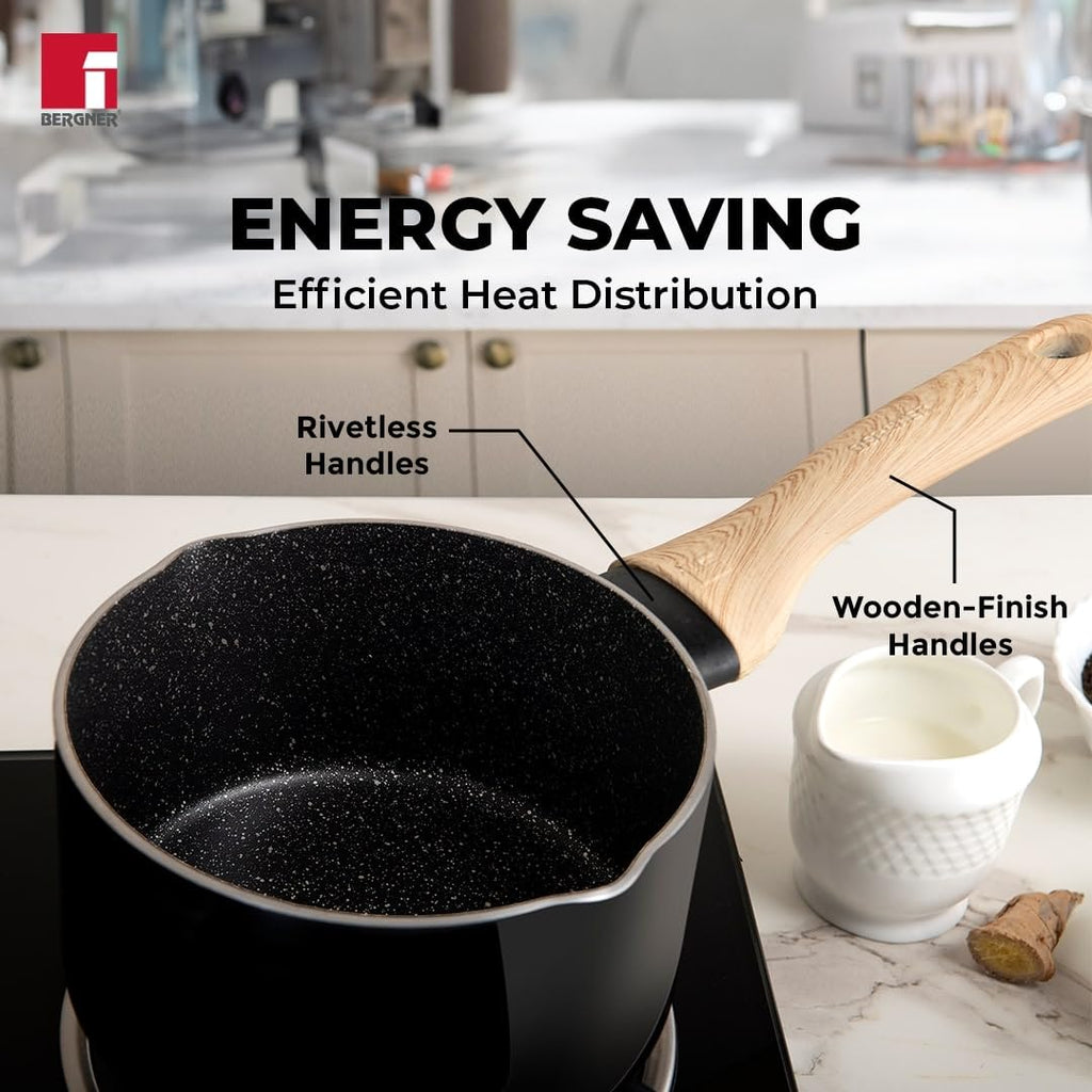 Bergner Bellini Plus Aura 5-layer Non-stick 16 Cm Saucepan, 1.8 Litres Sauce Pan With Soft Touch Wooden Finish Handle