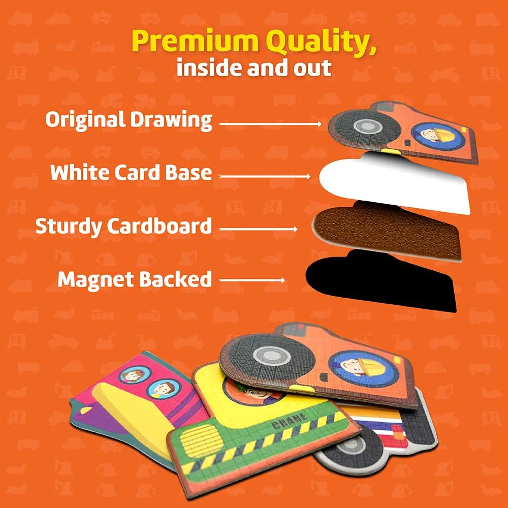 Funtad Magnetic Fun Art Puzzle Vehicles 4-in-1 Travel Friendly Educational Toy with Writable Board 50 Magnetic Pieces with for Boys & Girls Age 3,4,5 & 6 yrs