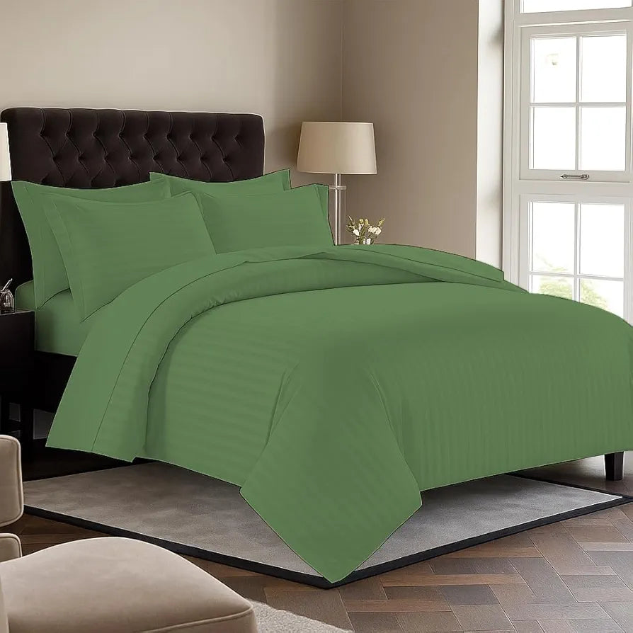 Trance Home Linen Zippered 100% Cotton 200TC Satin Stripe King Size Duvet Cover Quilt Cover Blanket Cover Razai Comforter Cover with 2 Pillow Covers Colour Moss Green