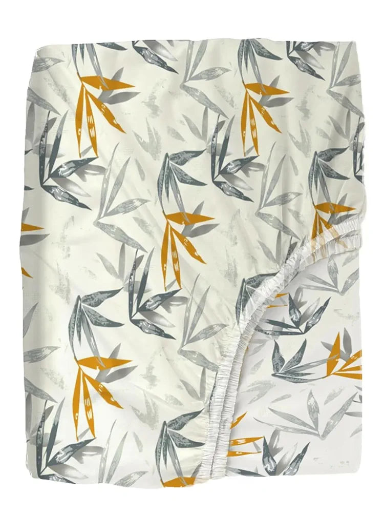 Trance Home Linen 180TC 100% Cotton 72"x60" Double Bed Size Elastic Fitted Bedsheet with 2 Pillow Covers Colour White Grace Leaves