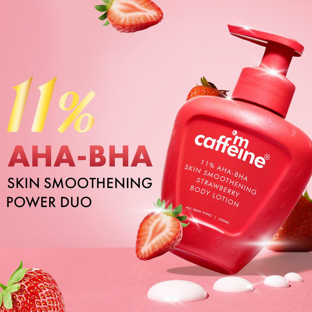 mCaffeine 11% AHA BHA Strawberry Body Lotion for Skin Smoothening | Gently Exfoliates Dead, Dry, Even Tones Skin | 72hr Moisturization | Juicy Strawberry Scent, For Men & Women-200ml