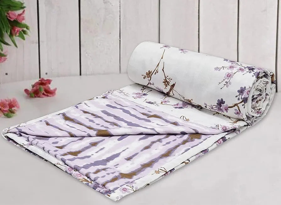 Trance Home Linen 150 GSM Pure Cotton Reversible Dohar Single Bed Size Ac Blanket Comforter Soft Light-Weight Bed Blanket 56 X 88 Inch Colour Akira Lavender