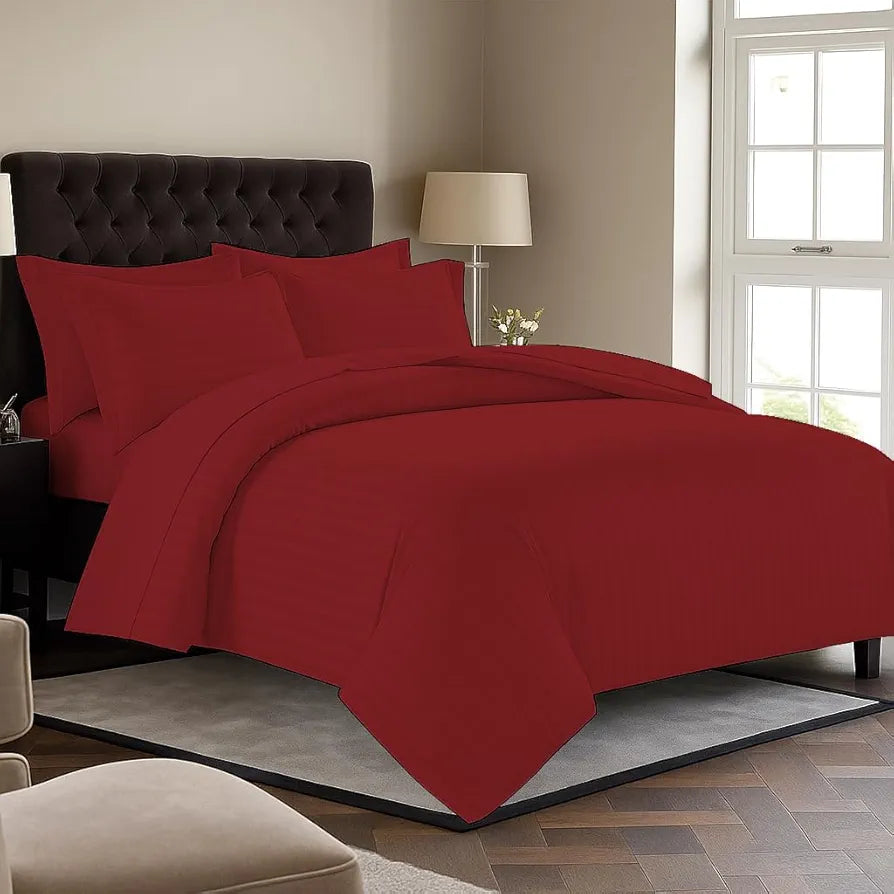 Trance Home Linen Zippered 100% Cotton 200TC Satin Stripe King Size Duvet Cover Quilt Cover Blanket Cover Razai Comforter Cover with 2 Pillow Covers Colour Maroon