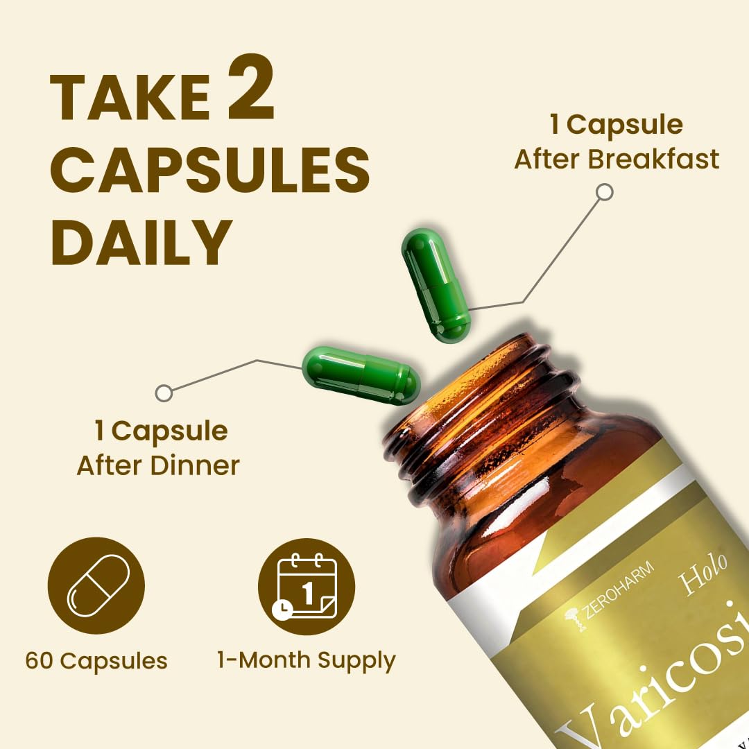ZEROHARM Holo Varicosis With Horse Chestnut, Gotu Kola, Hesperidin, Rutin, Butcherâ€™s Broom & Grape Seed Extract | Reduce Varicose Veins, Boost Circulation and Leg Comfort | For Men and Women | 60 Nano Capsules