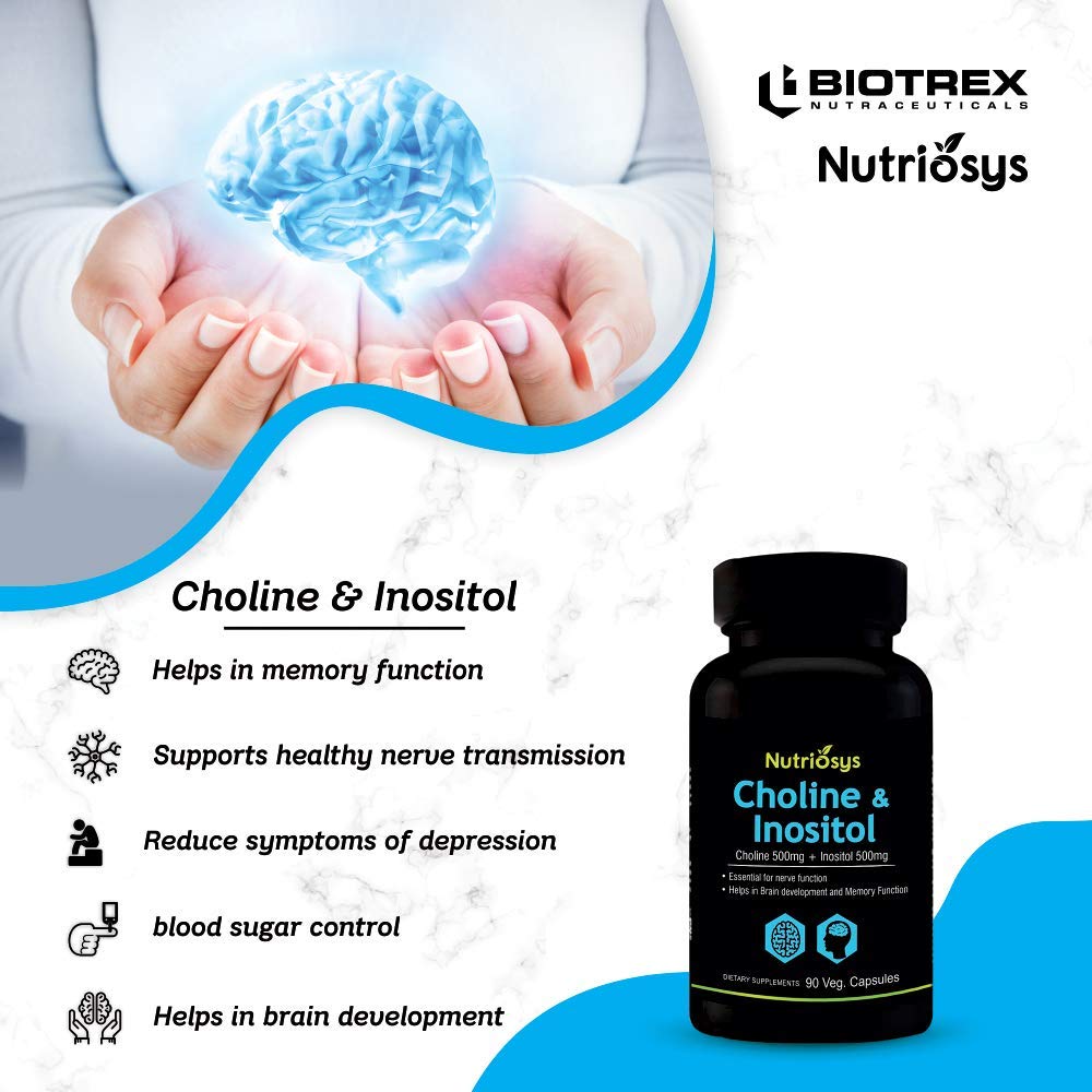 Nutriosys Choline & Inositol 500mg | Brain & Nerve Function | Better Motor Signal | Liver & Heart Health | Lab Tested | 90 Veg Capsules