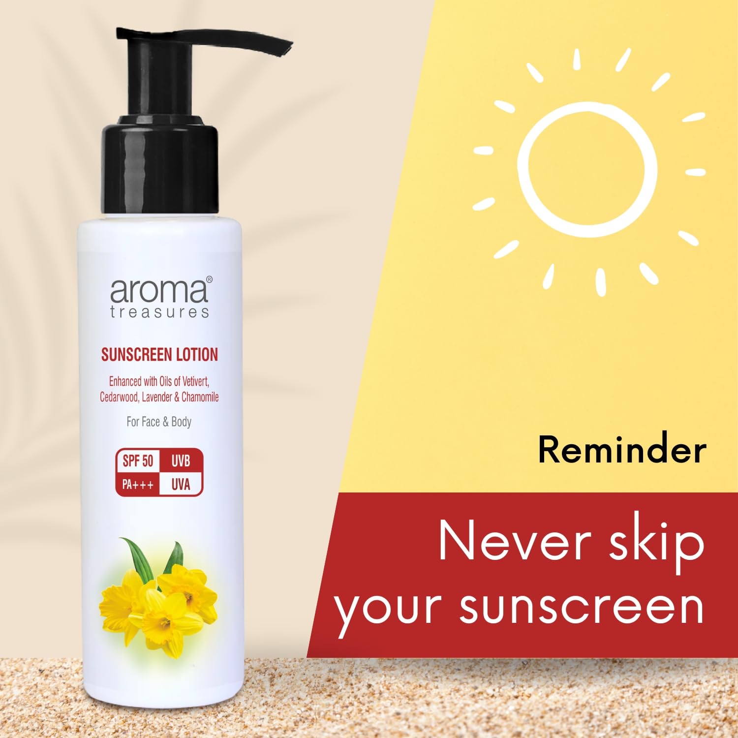 Aroma Treasures SPF 50 Sunscreen Lotion 100g | Broad Spectrum UVA/UVB Protection | Water Resistant | Non-Greasy, No White Cast | Face & Body | All Skin Types