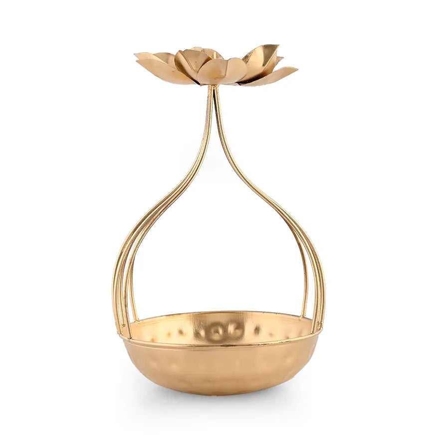 Metal Lotus Tealight Candle Holder with Base of Urli Bowl Gold