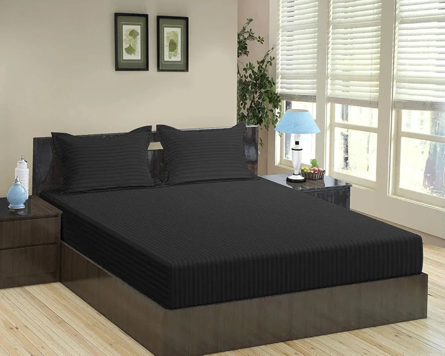Trance Home Linen 100% Cotton 78x72 inch King Fitted 200TC Satin Stripe Elastic Fitted Bedsheet Bedroom Fitted Bedspread with 2 Pillow Covers Colour Black