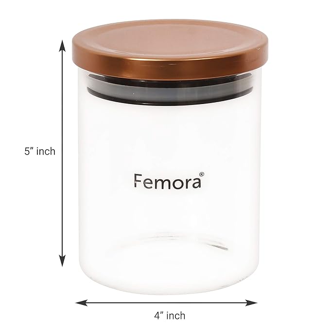 Femora Borosilicate Glass Jar With Golden Metallic Lid, Jars for Kitchen Storage | 600 Ml | Set of 3