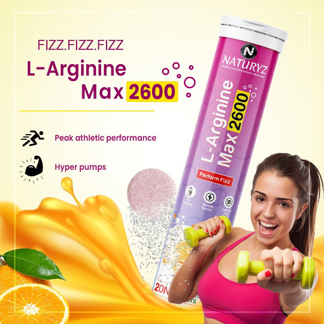 Naturyz L-Arginine Max 2600 Effervescent Tablets | Boosts Stamina | Increases Blood Flow | Improves Performance | Pre-workout Supplement 20 capsules (Orange Flavour), 1 count